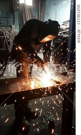 Witness the Skilled Welder in Action Sparks Fly from the Intense Metal Fabrication Process at the Workshop 131961850