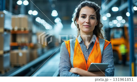 Confident Warehouse Worker holding a Tablet in a Modern Distribution Center environment for effective operations Confident Warehouse Worker holding a Tablet in a Modern Distribution Center environment for effective operations 131961851