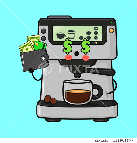 Coffee machine character holding wallet with money 131961877