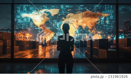 A silhouetted figure in front of a large high-tech window displaying holographic world maps with glowing trade routes. 131961926