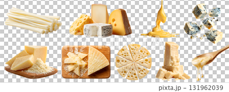 Set of cheese, coagulated dairy milk, slices pieces halved, serve board, fork. Melted, cheddar, mozzarella, string, blue, Parmesan, transparent cutout PNG. Many different flavour texture. Mockup 131962039