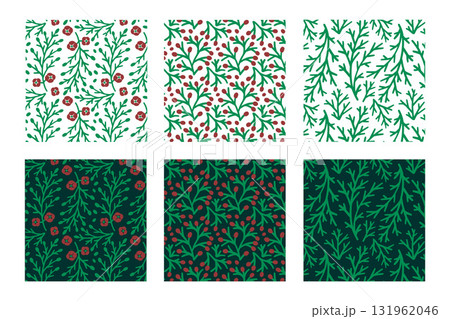 Color Botanical Seamless Patterns with Evergreen Cypress Foliage. Vector Illustration for Holiday Wrapping, Textile, Background and Eco Christmas Design Projects Color Botanical Seamless Patterns with Evergreen Cypress Foliage. Vector Illustration for Holiday Wrapping, Textile, Background and Eco Christmas Design Projects 131962046