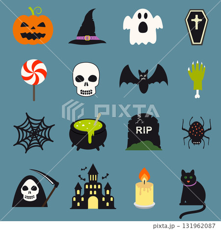 Cute vector set with Halloween elements: pumpkin, hat, ghost, coffin, candy, skull, bat, zombie hand, cauldron, gravestone, spider, halloween costume, castle, candle, cat 131962087