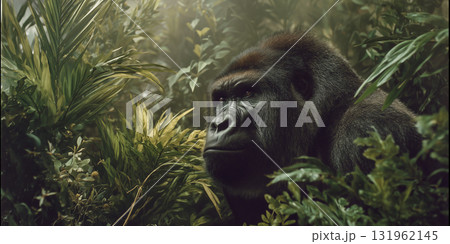 Endangered mountain gorilla in African jungle 131962145