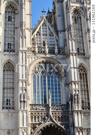 Cathedral of Our Lady, Antwerp, Belgium, looking up at the historic gothic architecture and intricate detailing of the facade. Antwerp, Belgium 131962169