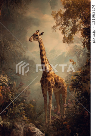 Wild giraffe in African savanna landscape 131962174
