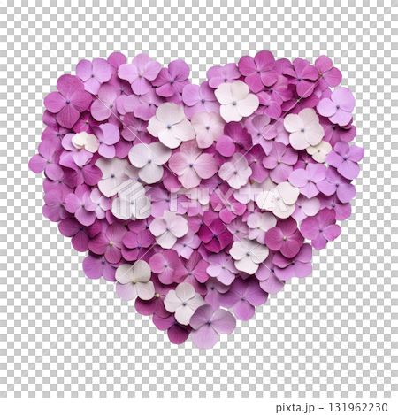 heart shaped arrangement of pink and purple hydrangea flowers creates romantic and vibrant display, symbolizing love and beauty. delicate petals form harmonious blend of colors 131962230