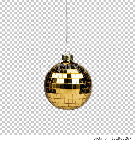 shiny gold disco ball ornament hangs against plain background, reflecting light with its mirrored tiles. festive decoration is perfect for adding touch of glamour to any celebration shiny gold disco ball ornament hangs against plain background, reflecting light with its mirrored tiles. festive decoration is perfect for adding touch of glamour to any celebration 131962267