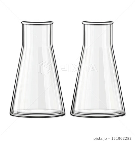 Two transparent glass flasks are shown, each with conical shape and cylindrical neck, commonly used in laboratories for experiments and chemical reactions 131962282