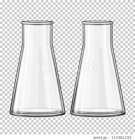 Two transparent glass flasks are shown, each with conical shape and cylindrical neck, commonly used in laboratories for experiments and chemical reactions 131962282