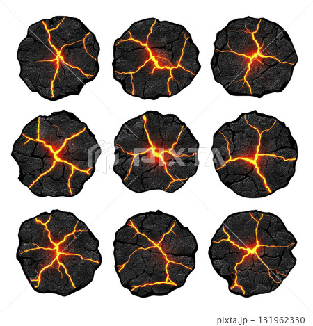 Nine circular lava textures with glowing cracks create fiery, volcanic appearance. dark surfaces contrast with bright orange fissures, resembling molten rock 131962330