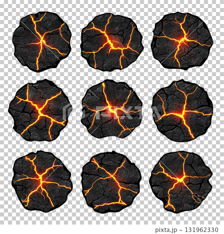 Nine circular lava textures with glowing cracks create fiery, volcanic appearance. dark surfaces contrast with bright orange fissures, resembling molten rock 131962330