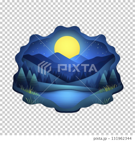serene night landscape illustration features glowing full moon over blue mountains, calm lake, and starry sky, surrounded by trees and grass, creating peaceful atmosphere 131962344
