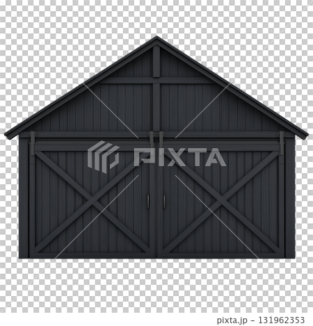 rustic wooden barn with triangular roof and large double doors, showcasing classic rural design. structure is made of dark wood, giving it vintage and sturdy appearance 131962353