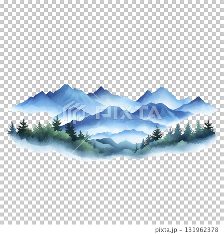 serene watercolor landscape features misty blue mountains and lush green forests, evoking sense of tranquility and natural beauty 131962378