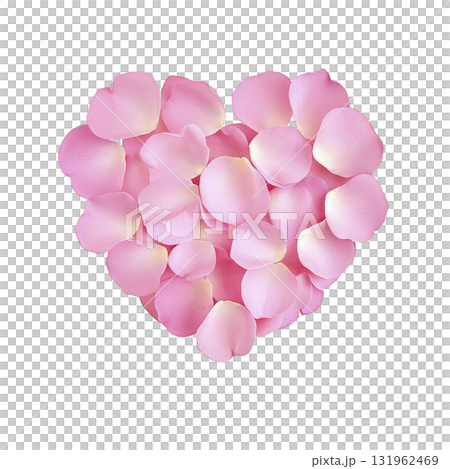 Heart shaped arrangement of soft pink rose petals on transparency background, symbolizing love and romance. delicate petals create gentle and elegant visual, perfect for romantic themes 131962469