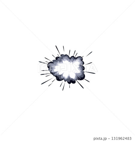 dynamic explosion graphic with bright white center and dark gray smoke radiating outward, creating dramatic effect. illustration captures energy and impact of explosion 131962483