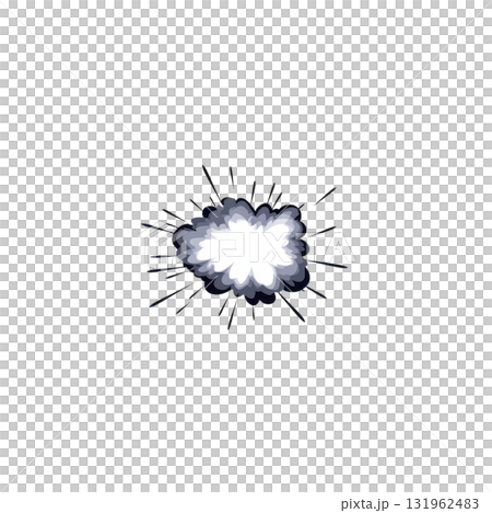 dynamic explosion graphic with bright white center and dark gray smoke radiating outward, creating dramatic effect. illustration captures energy and impact of explosion 131962483