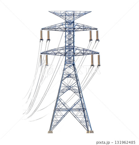 tall metal electricity transmission tower stands against clear background, showcasing its intricate lattice structure and multiple insulators. tower is designed to support high voltage power lines 131962485