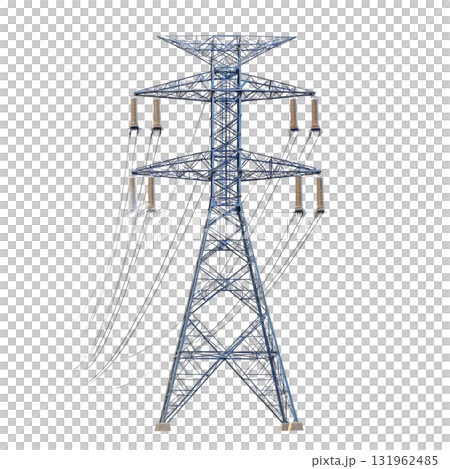 tall metal electricity transmission tower stands against clear background, showcasing its intricate lattice structure and multiple insulators. tower is designed to support high voltage power lines 131962485
