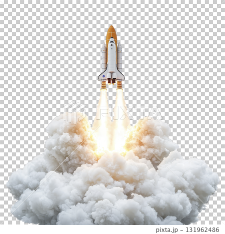 space shuttle launches into sky, leaving trail of smoke and fire. powerful engines propel spacecraft upward, symbolizing exploration and innovation 131962486