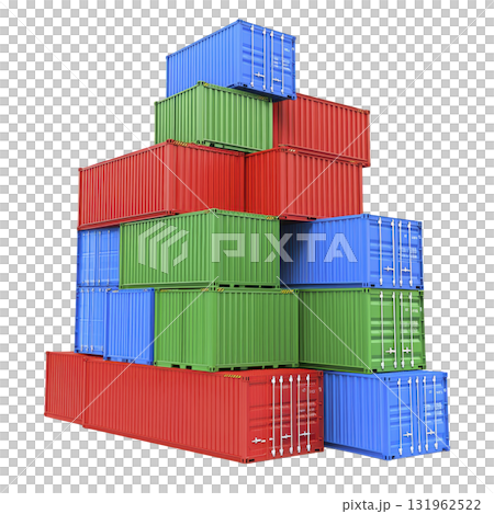 stack of colorful shipping containers, including red, blue, and green, arranged in pyramid shape, isolated on transparency background 131962522