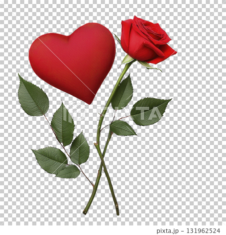 vibrant red rose with lush green leaves is elegantly paired with plush red heart, symbolizing love and romance. composition evokes feelings of passion and affection 131962524