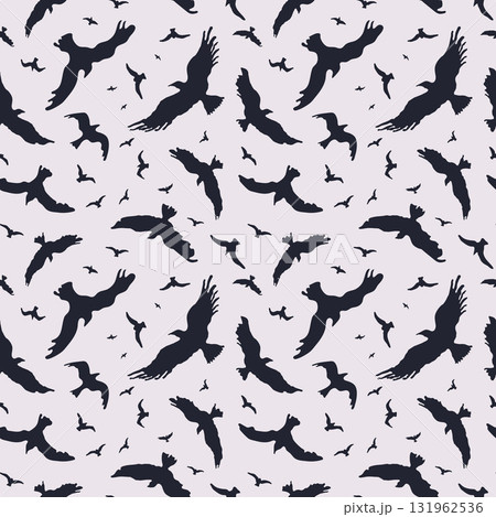 Vector seamless pattern with black flying crows on a light background, good for design, cards, autumn posters, packaging Vector seamless pattern with black flying crows on a light background, good for design, cards, autumn posters, packaging 131962536