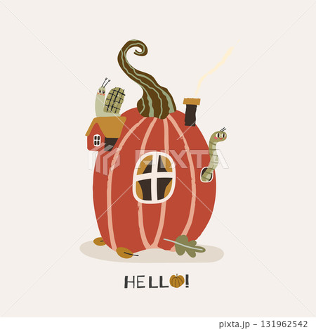 A cute pumpkin house for a dwarf or elf. Vector illustration orange red pumpkin with worm, leafs and snail 131962542