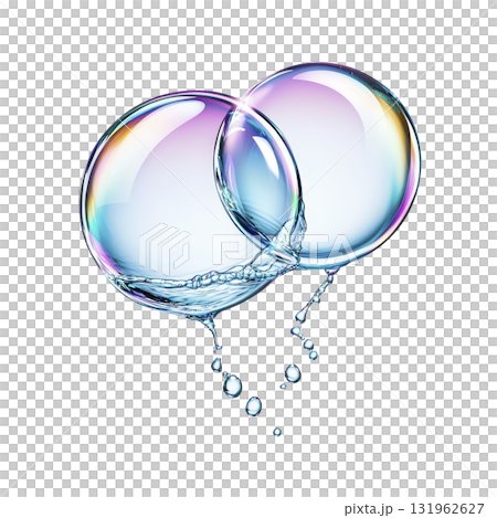 Two iridescent soap bubbles connected with water droplets, creating delicate and whimsical scene. bubbles display spectrum of colors, reflecting light beautifully 131962627