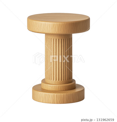 wooden stool with cylindrical design and fluted details, resembling classical column, adds touch of elegance to any space. Its natural wood finish enhances its aesthetic appeal 131962659