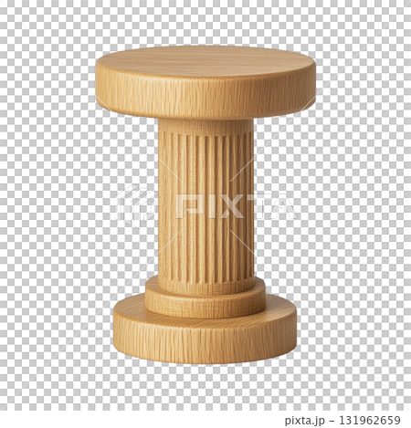 wooden stool with cylindrical design and fluted details, resembling classical column, adds touch of elegance to any space. Its natural wood finish enhances its aesthetic appeal 131962659