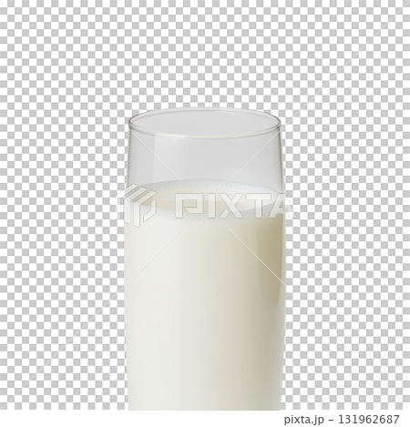 tall, clear glass filled with fresh, creamy milk stands against plain background, highlighting its smooth texture and inviting appearance 131962687
