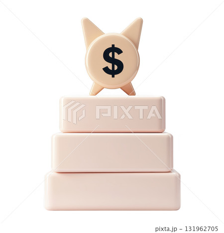 3D illustration of dollar sign trophy on tiered pedestal, symbolizing financial success and achievement. design is minimalistic with soft color palette 3D illustration of dollar sign trophy on tiered pedestal, symbolizing financial success and achievement. design is minimalistic with soft color palette 131962705