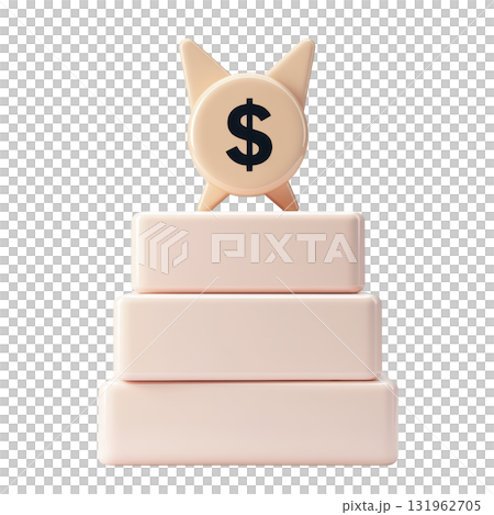 3D illustration of dollar sign trophy on tiered pedestal, symbolizing financial success and achievement. design is minimalistic with soft color palette 3D illustration of dollar sign trophy on tiered pedestal, symbolizing financial success and achievement. design is minimalistic with soft color palette 131962705