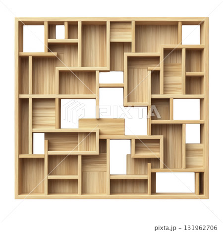 wooden geometric bookshelf with multiple compartments in various sizes and shapes, perfect for organizing books and decorative items. natural wood finish adds warmth to any room 131962706