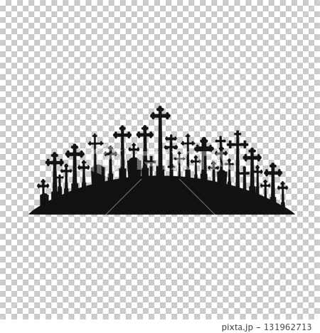 silhouette of numerous crosses arranged in row, creating somber and reflective atmosphere. design is simple yet impactful, evoking themes of remembrance and peace 131962713