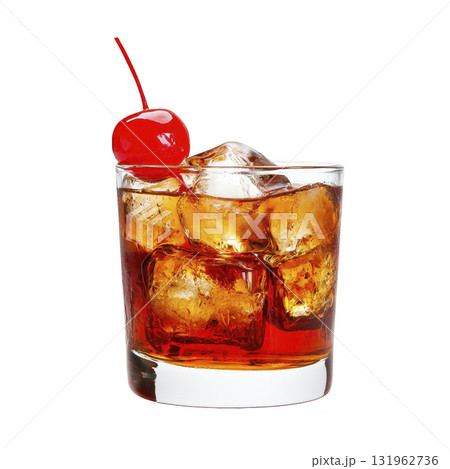 glass of whiskey on rocks with cherry garnish, showcasing refreshing and classic cocktail. ice cubes glisten, enhancing drink rich amber color 131962736
