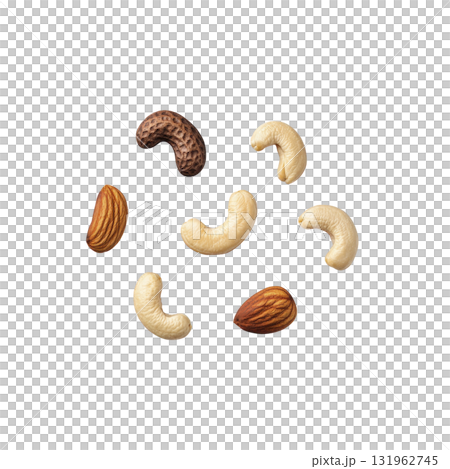 variety of nuts including cashews, almonds, and walnuts are scattered against transparency background, showcasing their textures and natural colors variety of nuts including cashews, almonds, and walnuts are scattered against transparency background, showcasing their textures and natural colors 131962745