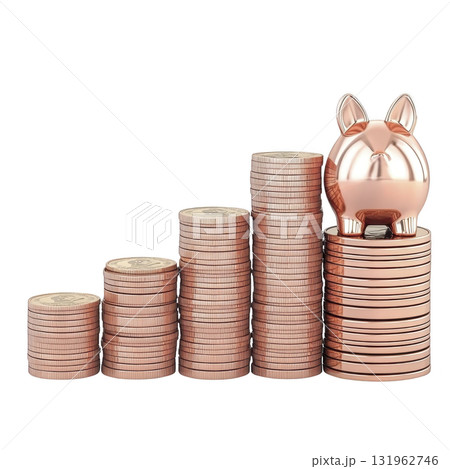 shiny piggy bank sits atop stack of coins, symbolizing financial growth and savings. coins are arranged in ascending order, representing increasing wealth and investment success 131962746