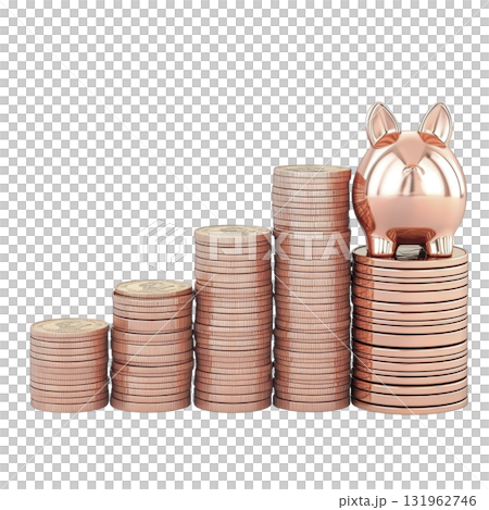 shiny piggy bank sits atop stack of coins, symbolizing financial growth and savings. coins are arranged in ascending order, representing increasing wealth and investment success shiny piggy bank sits atop stack of coins, symbolizing financial growth and savings. coins are arranged in ascending order, representing increasing wealth and investment success 131962746