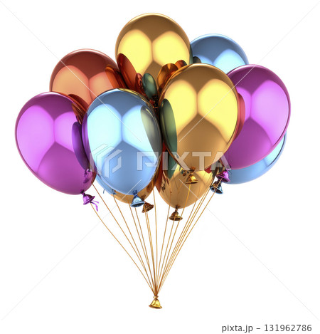 Colorful metallic balloons clustered together, reflecting light with shiny surface, create festive and joyful atmosphere. balloons are tied with strings, perfect for celebrations 131962786