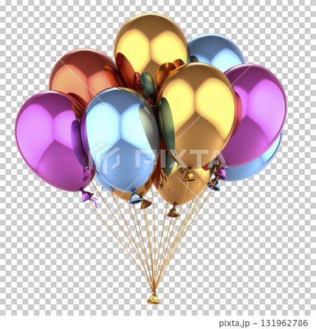 Colorful metallic balloons clustered together, reflecting light with shiny surface, create festive and joyful atmosphere. balloons are tied with strings, perfect for celebrations 131962786