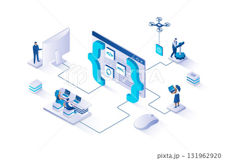 Web development 3d isometric concept with isometry people design. Developers team creating and optimizating site layout, working with webpage code, engineering page on screen. Vector illustration. 131962920