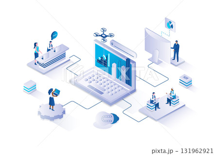 Web analytics 3d isometric concept with isometry people design. Team studying site graph and charts at dashboard, using data analysis services, working with page statistics. Vector illustration. 131962921