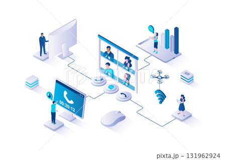Video conference 3d isometric concept with isometry people design for web. Colleagues discussing work tasks by virtual call, employees communicating at live video meeting. Vector illustration. 131962924
