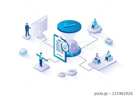 Time management 3d isometric concept with isometry people design for web. People controlling time and work processes, making schedule at list, doing daily tasks to deadline. Vector illustration. 131962928
