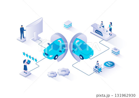 Taxi booking 3d isometric concept with isometry people design for web. Passagers using taxi service in mobile app, finding and ordering car, choosing transport, online tracking. Vector illustration. 131962930