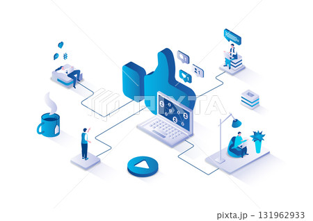 Social network 3d isometric concept with isometry people design for web. Users browsing and chatting online with friends, sharing posts and links, commenting and following blogs. Vector illustration. 131962933