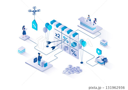 Shop loyalty program 3d isometric concept with isometry people design for web. Buyers making purchases and receiving bonuses and gifts from stores, smart shopping with discounts. Vector illustration. 131962936
